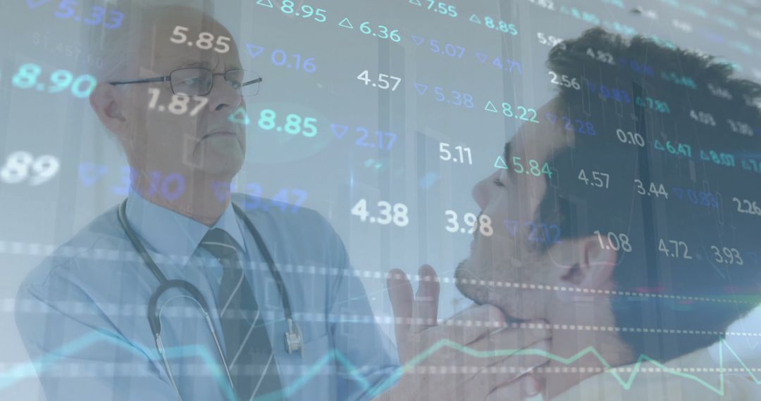 Doctor Consultation Amidst Stock Data Overlay Indicates Healthcare Costs