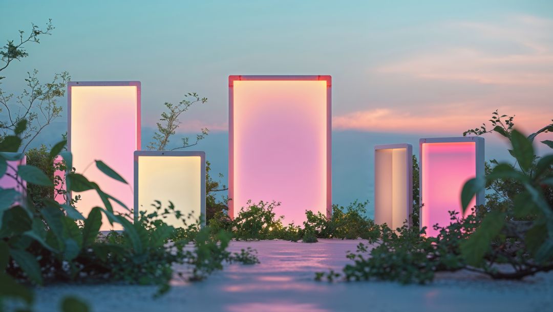Colorful Rectangular Light Panels in Zen Garden Setting