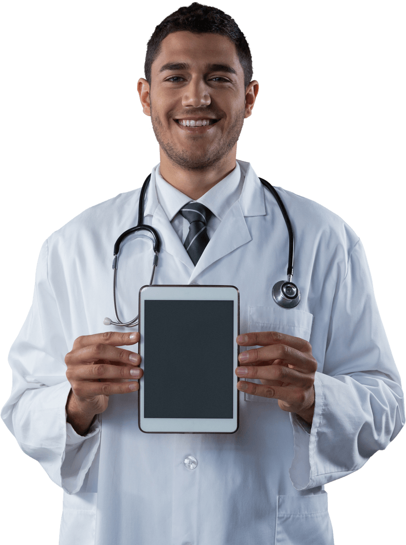 Smiling Doctor Holding Transparent Digital Tablet for Medical Display