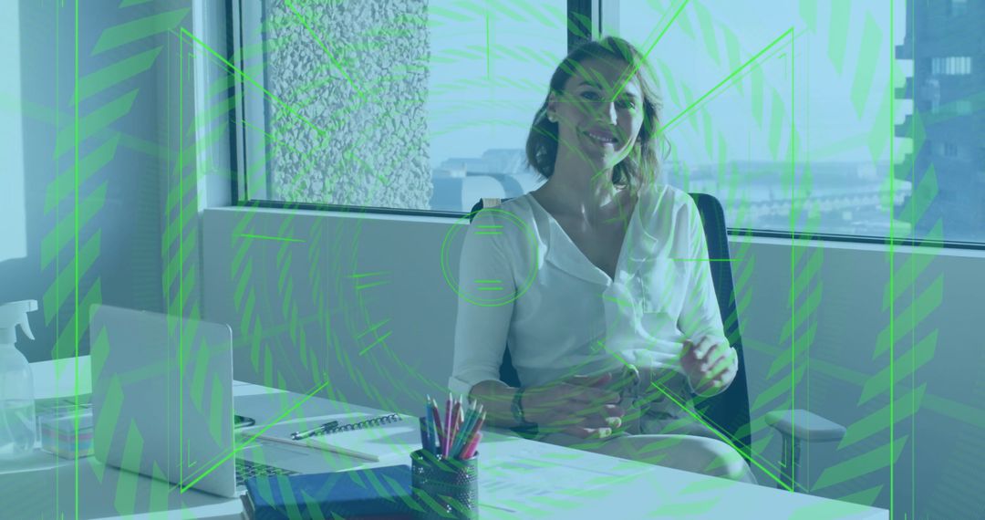 Businesswoman in Office Merging with Digital Financial Interface