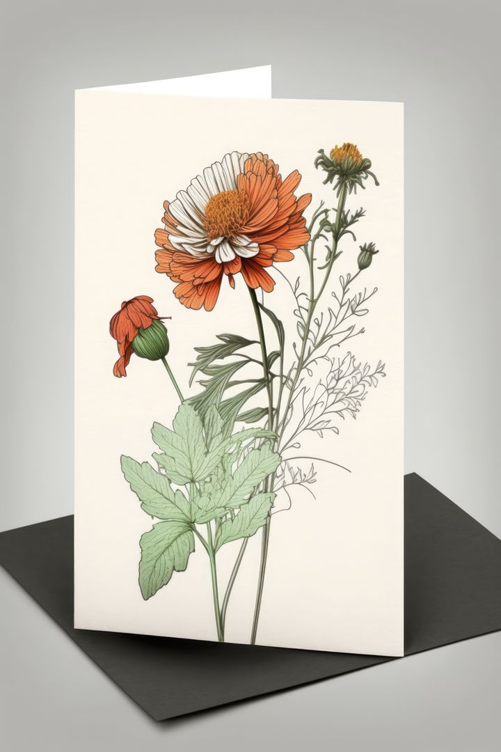 Elegant Botanical Drawing Greeting Card with Orange Flower - Free Images, Stock Photos and Pictures on Pikwizard.com