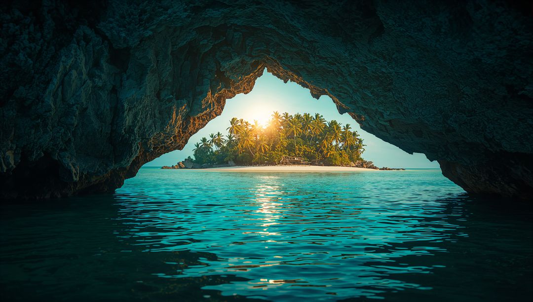 Idyllic Island View through Cave with Palms and Turquoise Waters