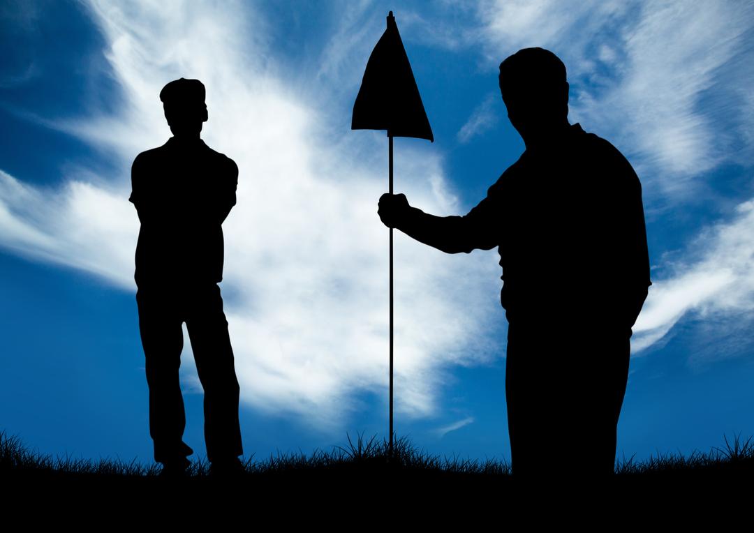 Silhouetted Golfers with Flag Against Blue Sky - Free Images, Stock Photos and Pictures on Pikwizard.com