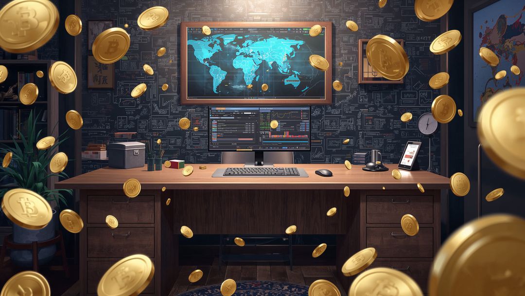 Bitcoin Coins Swarming Virtual Home Trading Desk