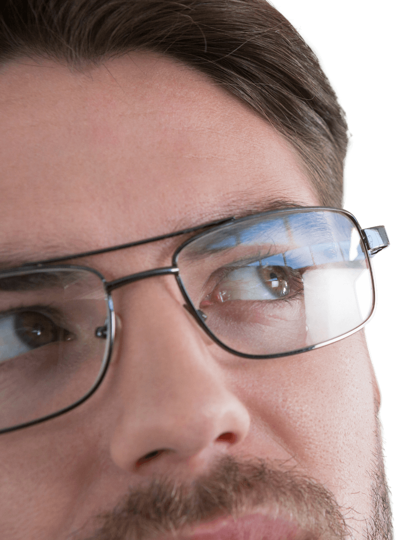 Transparent Close-up of Man Looking Thoughtfully with Glasses