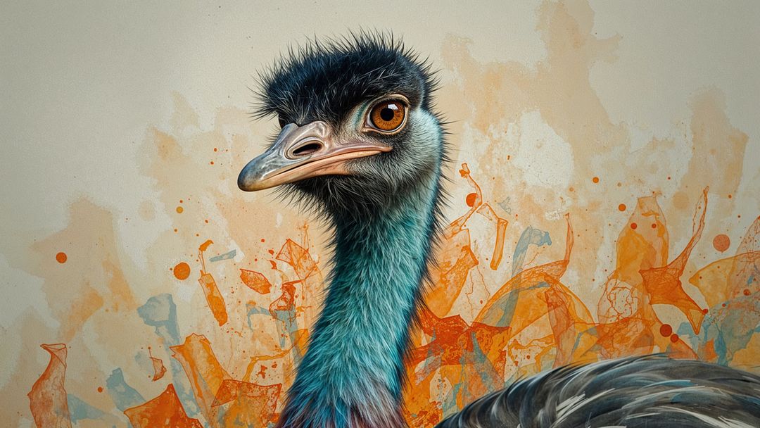 Emu Portrait With Abstract Paint Splatters on Canvas