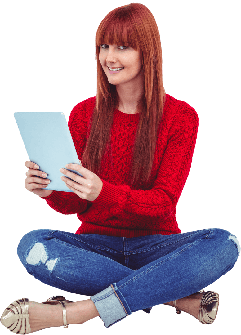 Happy Redheaded Woman Using Tablet on Transparent Background