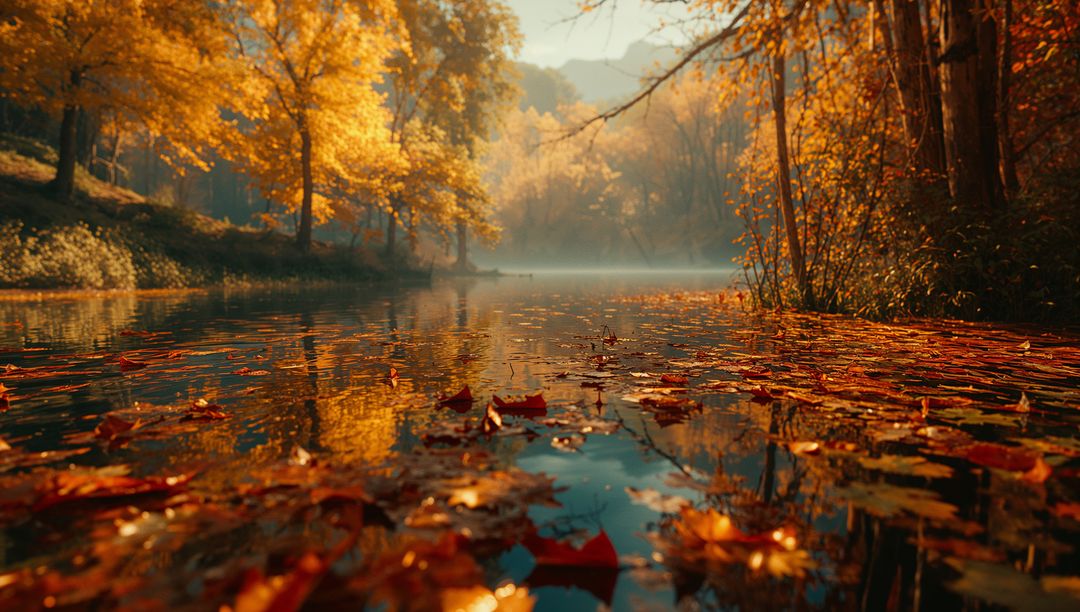 Floating Autumn Leaves on Tranquil Woodland Pond