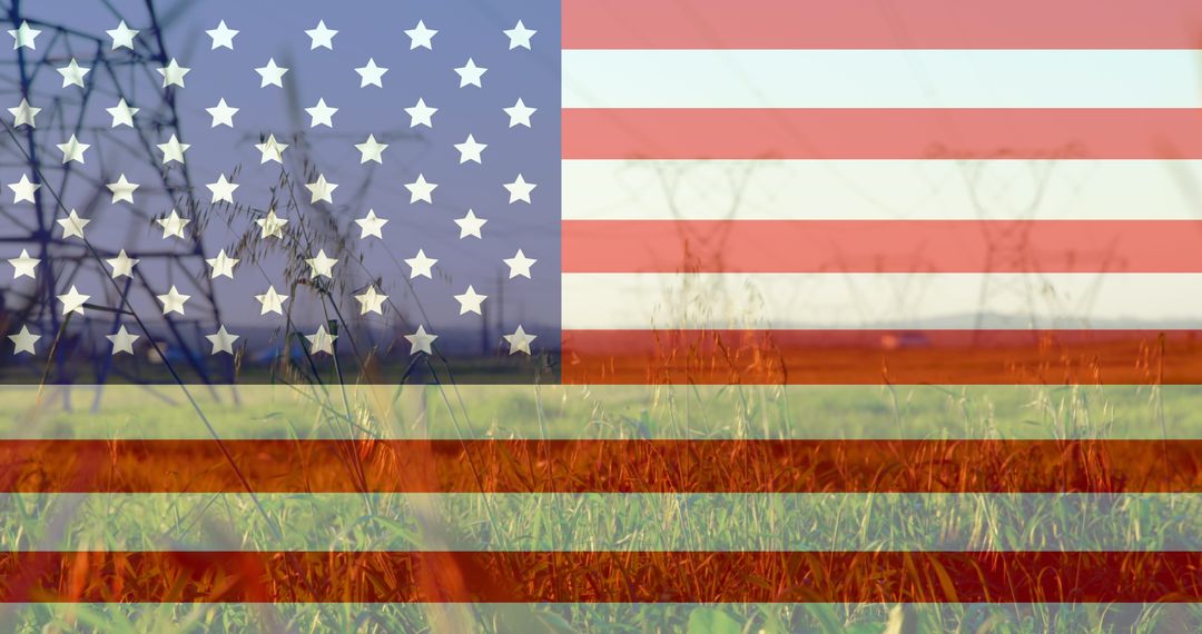 USA Flag Blended with Electricity Pylons and Nature Landscape