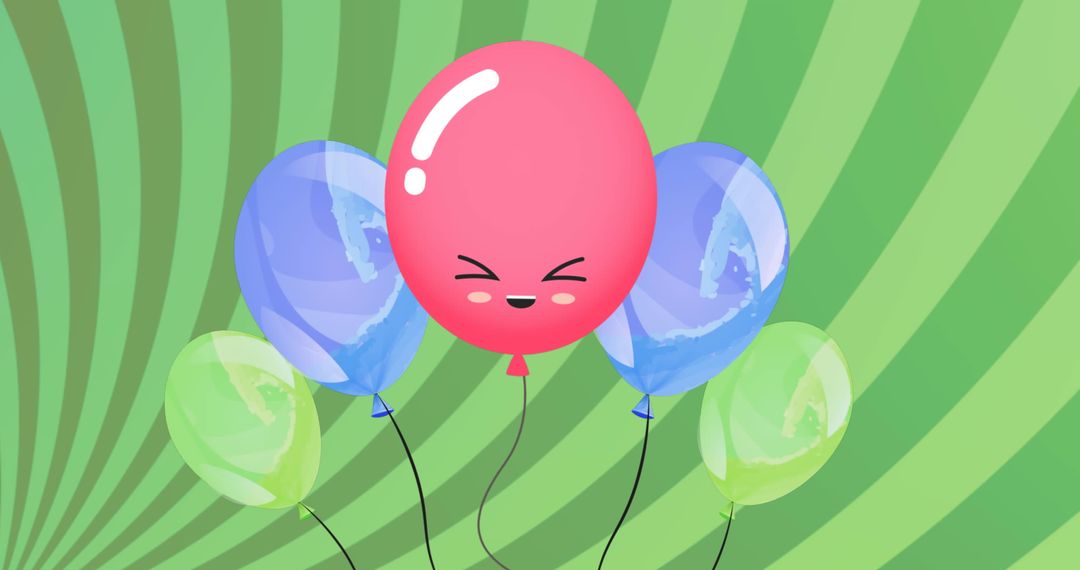 Colorful Balloons with Smiling Face Over Green Spiral Background