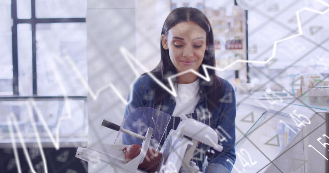Shop Assistant Slicing Salami with Digital Data Overlay