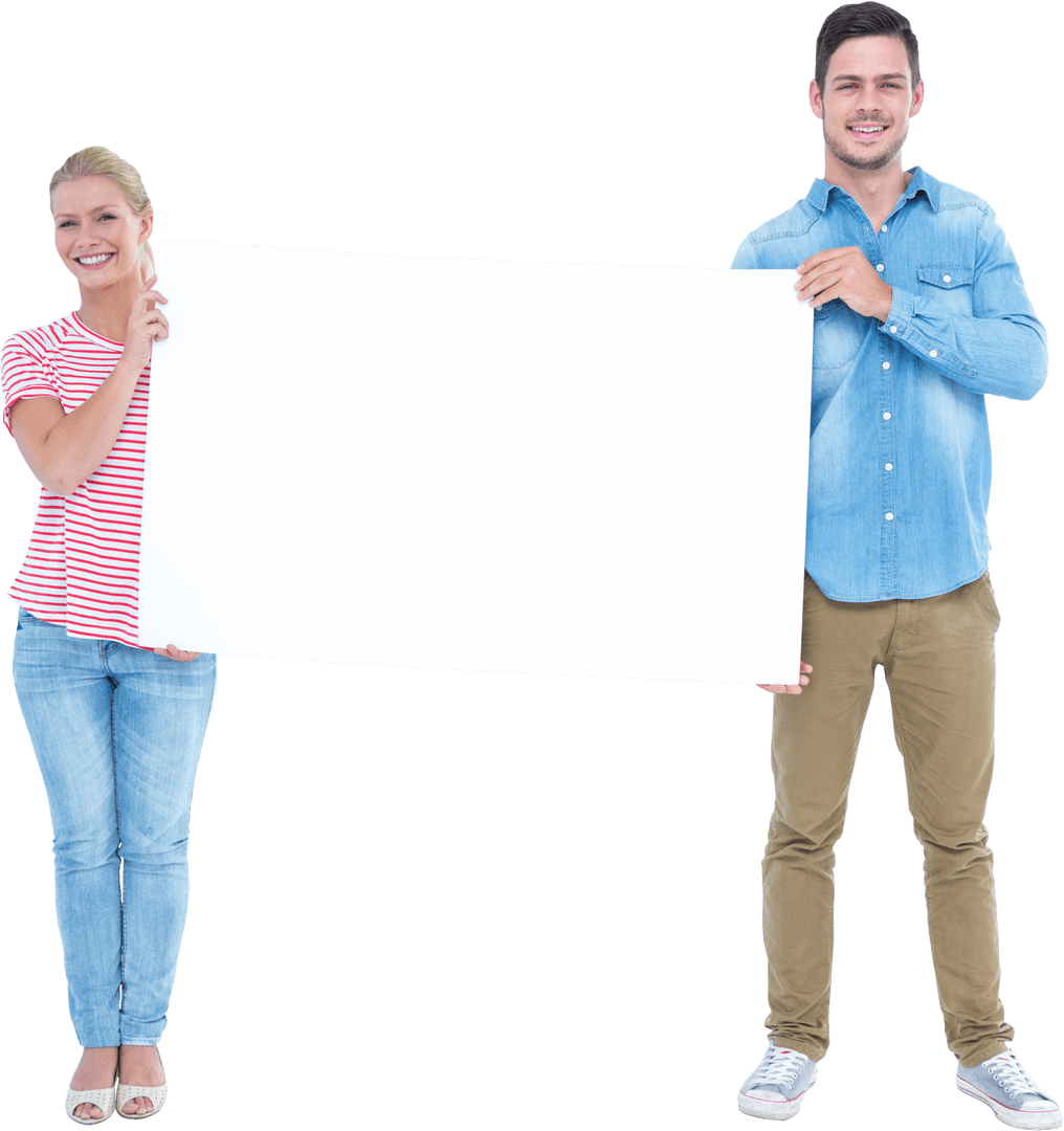 Smiling Couple Holding Blank Transparent Sign for Custom Messages