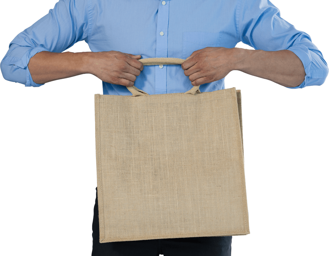 Man Holding Jute Shopping Bag on Transparent Background