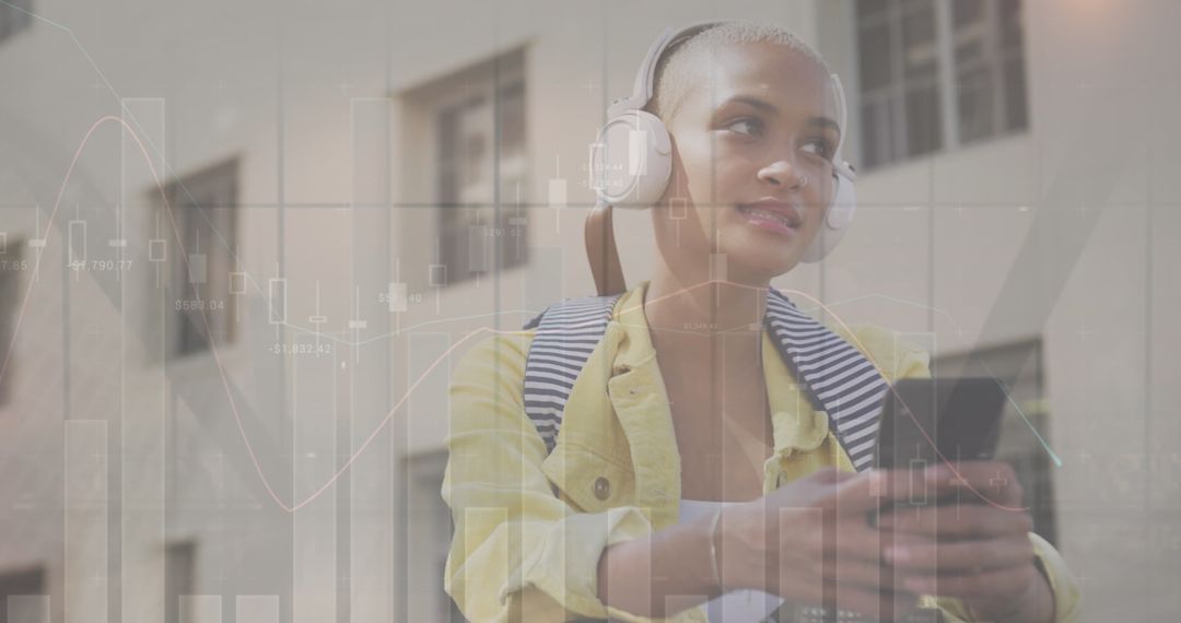 Young Woman Using Smartphone with Data Technology Overlay