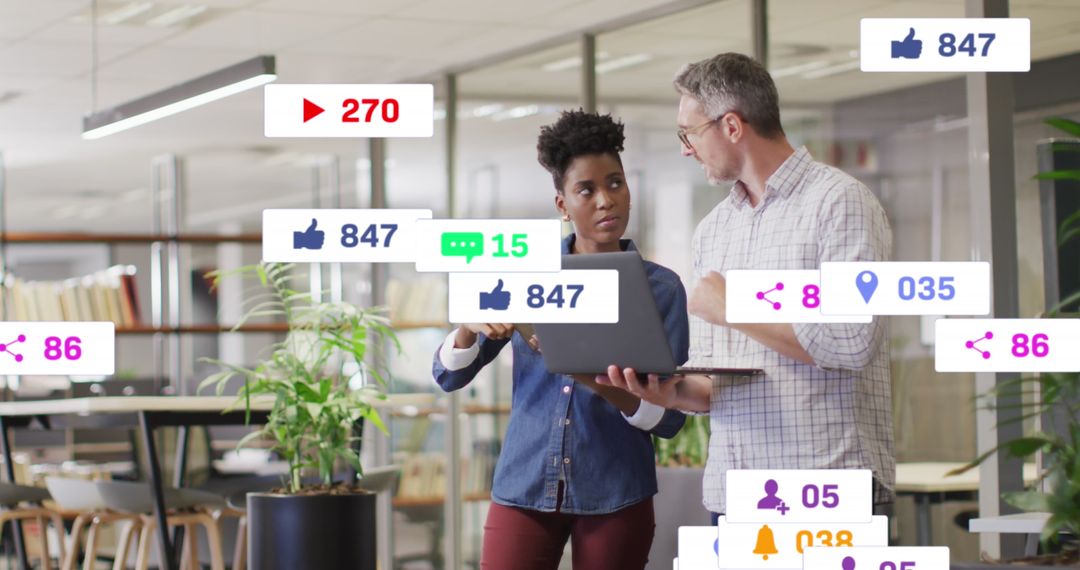 Coworkers Analyzing Social Media Data in Modern Office