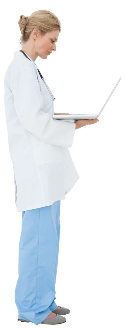 Blonde Doctor Engaging with Laptop on Transparent Background