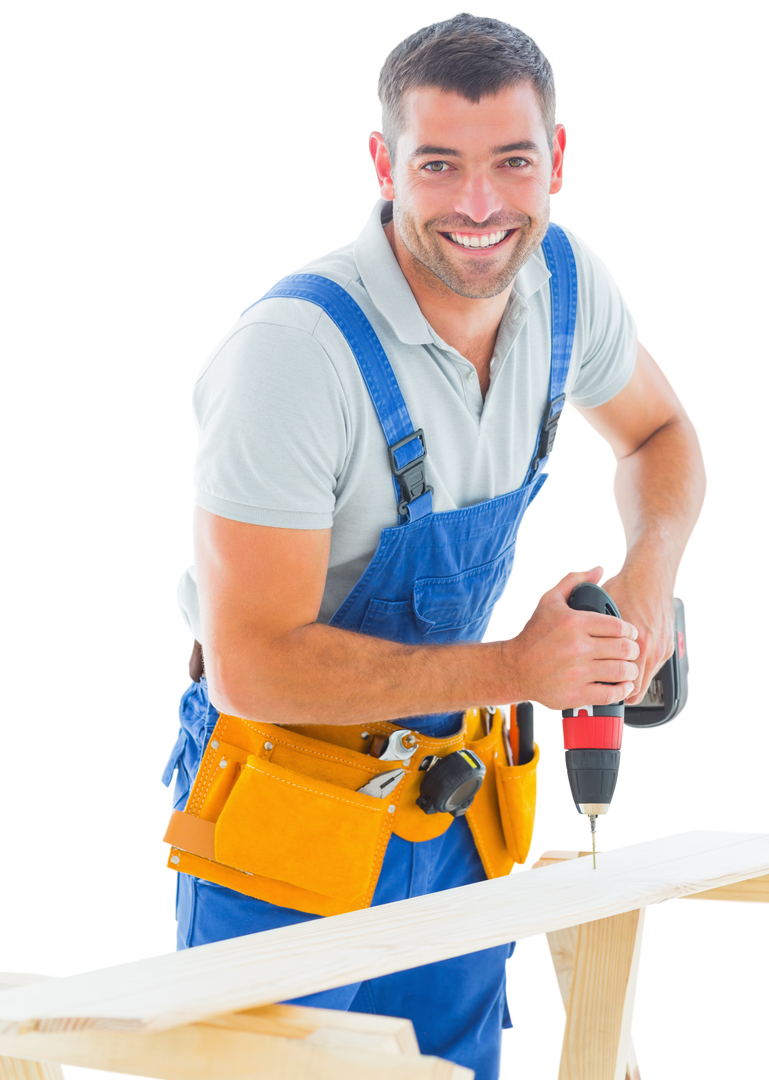 Transparent Background Smiling Carpenter Using Power Drill on Wood - Download Free Stock Images Pikwizard.com