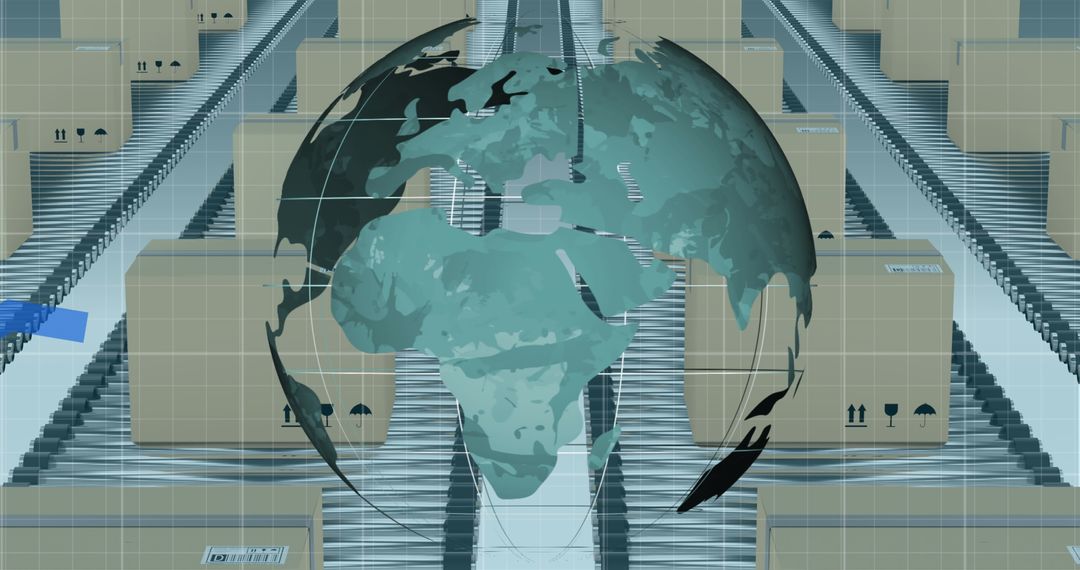 Global Shipping Concept with Spinning Globe and Conveyor Belt
