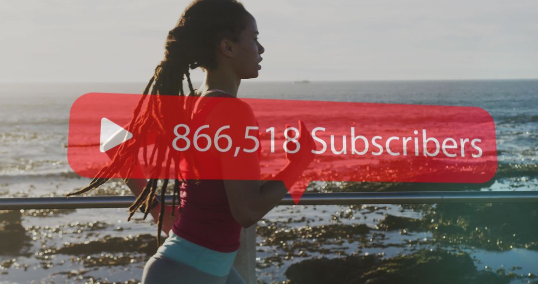 Woman Jogging by Seaside with Subscriber Growth Visualization