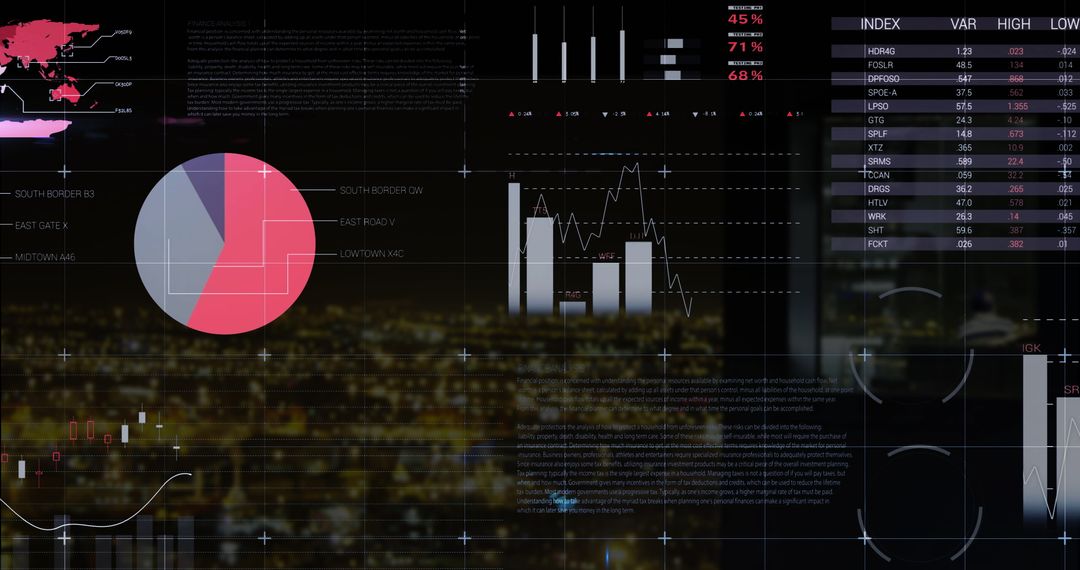 Financial Data and Analytics Display Over Cityscape Background