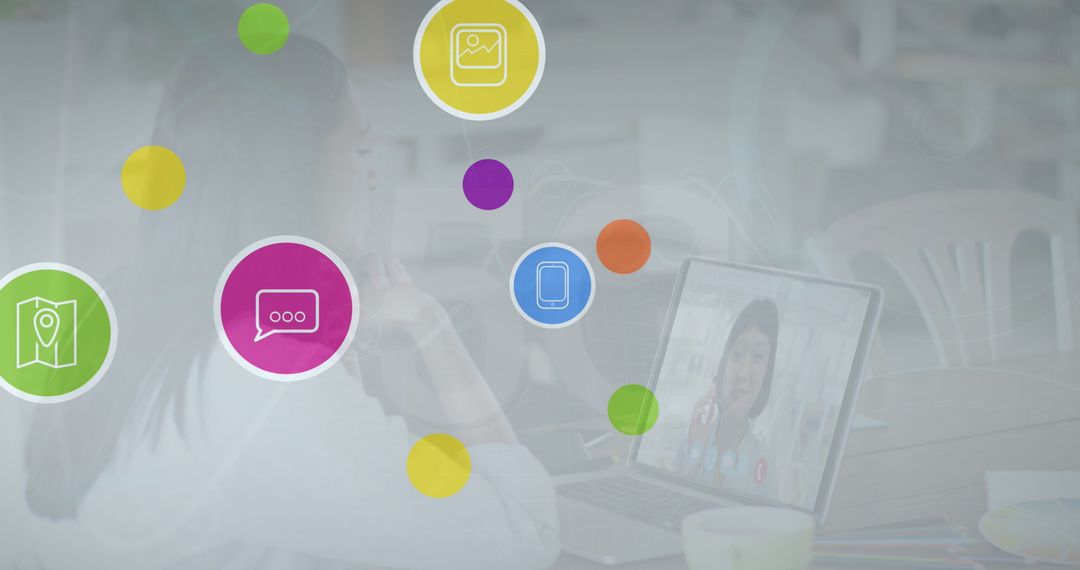 Businesswoman Engaged in Video Call with Floating Digital Interface Icons