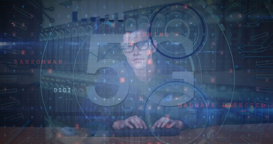 Hacker analyzing data with digital interface in 5g environment