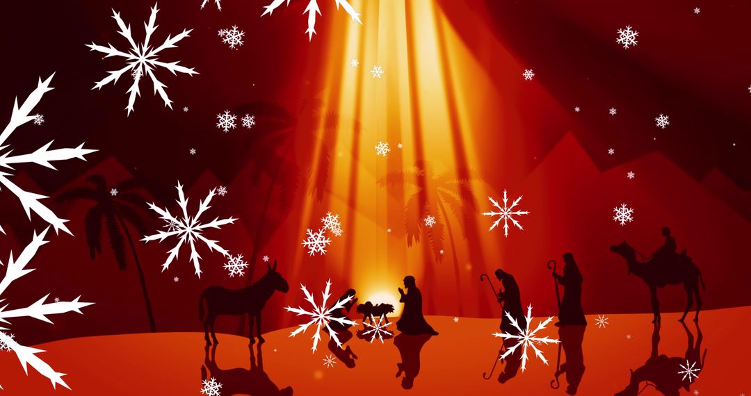 Nativity Scene Silhouettes with Snowflakes on Red Background - Free Images, Stock Photos and Pictures on Pikwizard.com