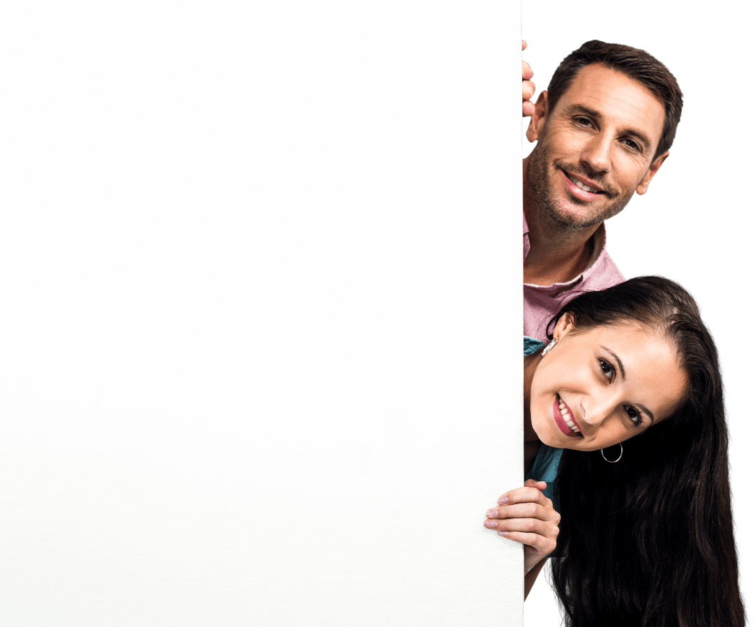 Smiling Couple Peeking Behind Transparent White Background