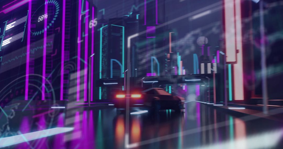 Futuristic Driverless Car Navigating Neon Glowing Cityscape at Night