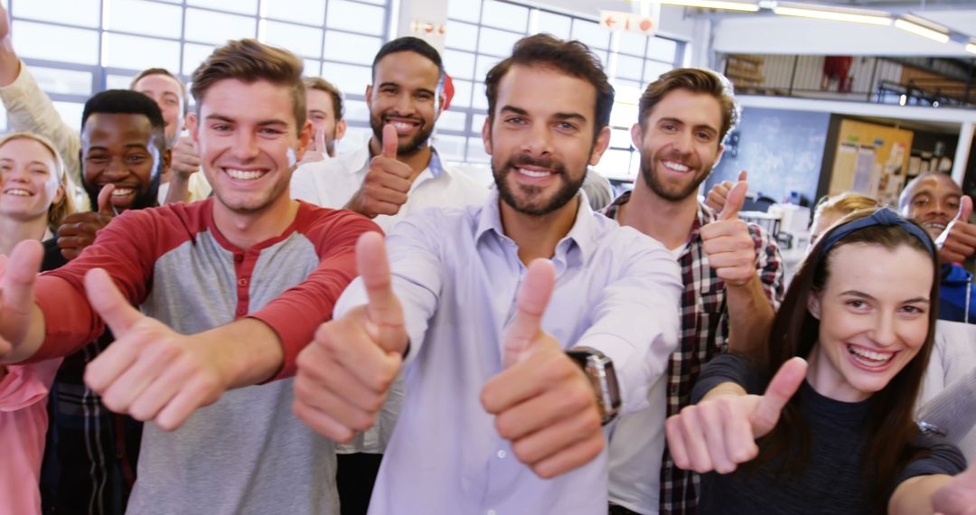 Diverse Happy Business Team Giving Thumbs Up in Modern Office