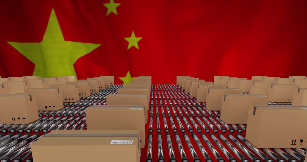 Cardboard Boxes Navigating Conveyor Against Chinese Flag Background