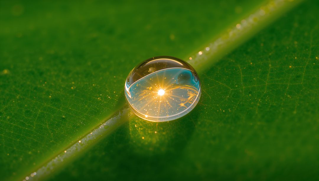 Sunlit water droplet magnifying leaf midrib, starburst glint on glossy green foliage macro