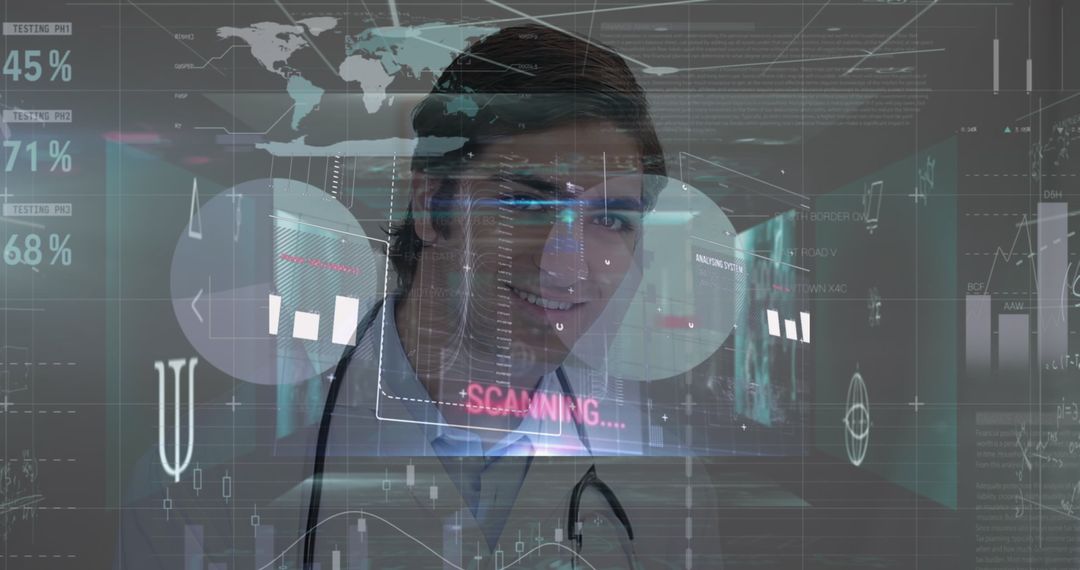 Futuristic Doctor with Graphs and Data Overlays