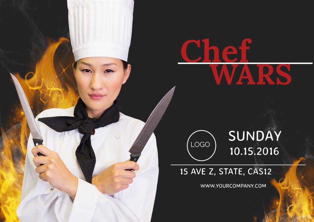 Chef Holding Knives against Fiery Background for Culinary Competition