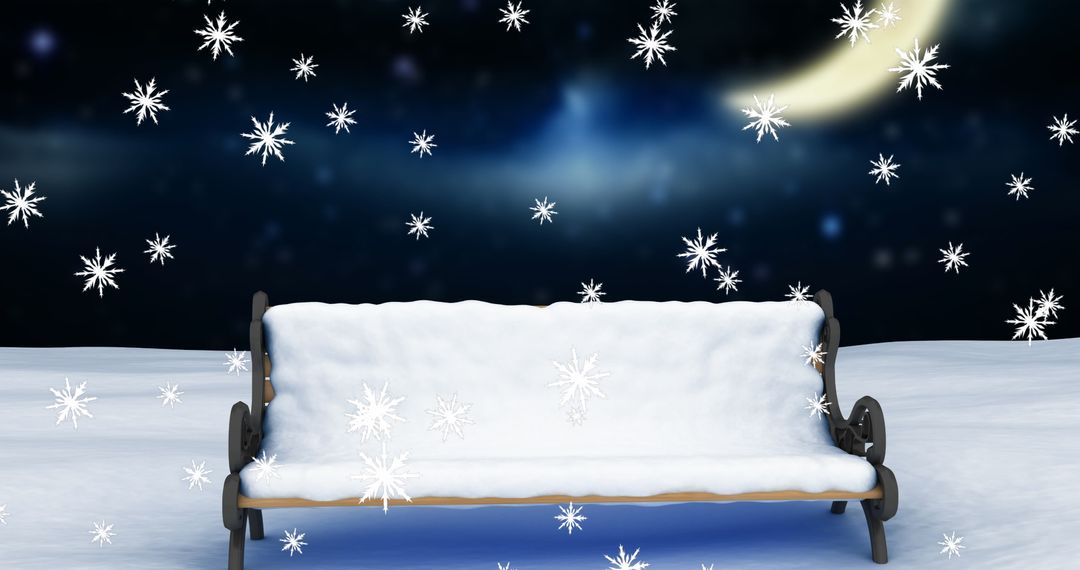 Winter Night Scene with Snow Falling on Bench
