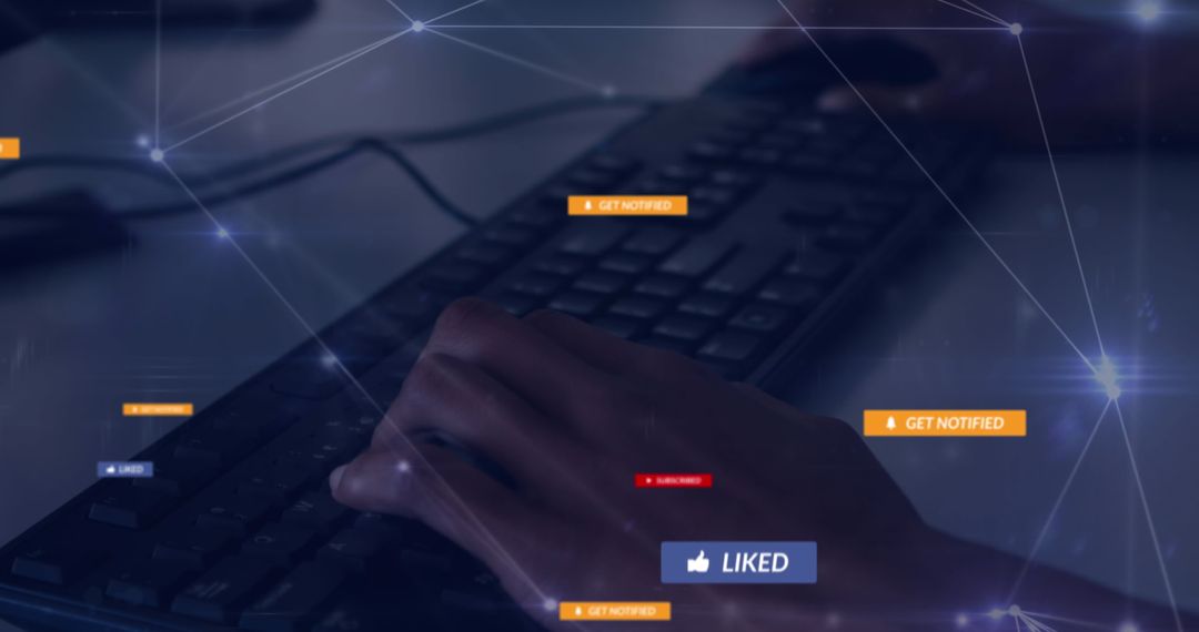 Hands Typing on Keyboard with Social Media Network Overlay