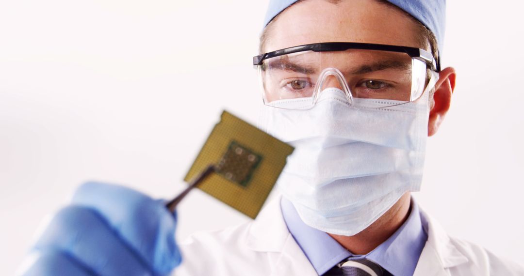 Technician Examining Electronic Chip in Lab with Focused Expression
