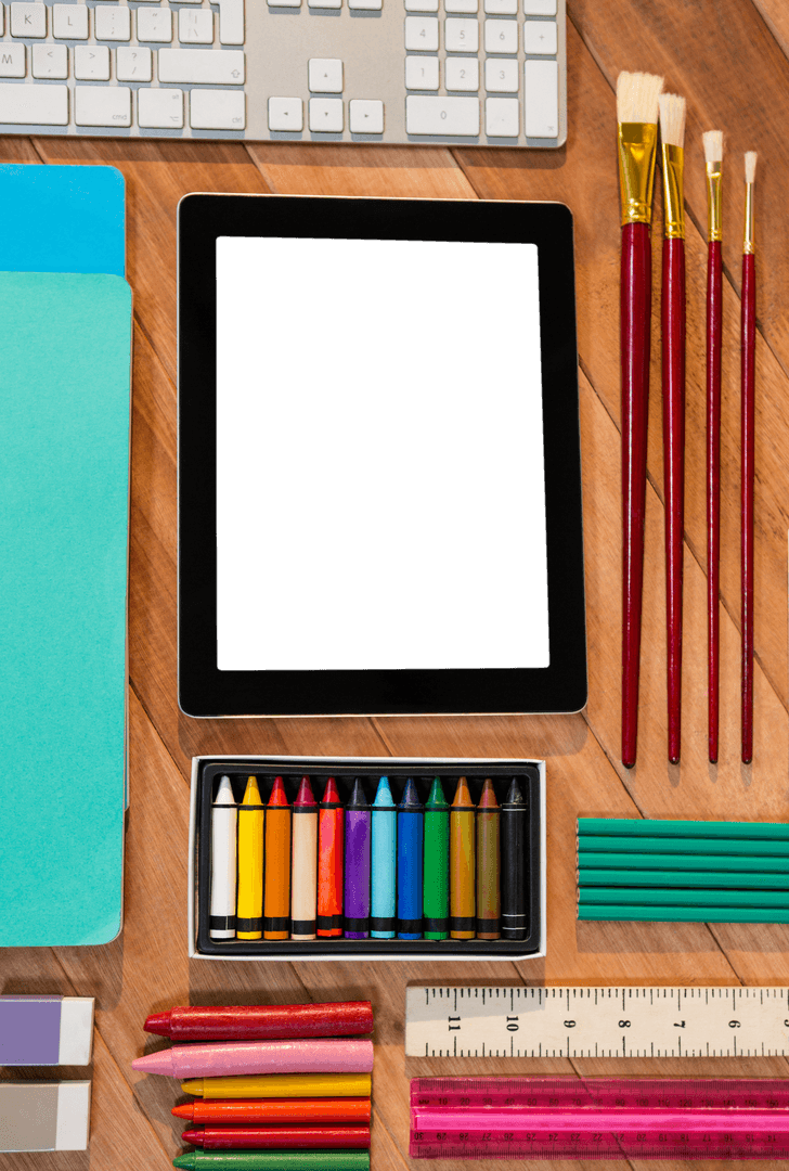Transparent Arrangement of Stationery Tools with Digital Tablet on Wooden Table