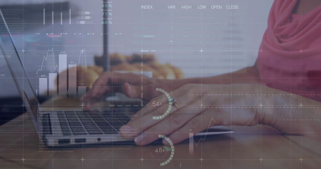 Businesswoman Analyzing Financial Data on Laptop with Virtual Chart Overlay