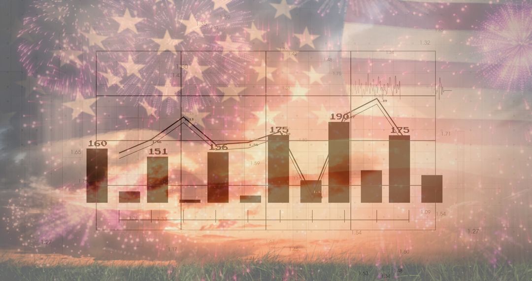 Economic Analysis Overlay on American Flag with Fireworks