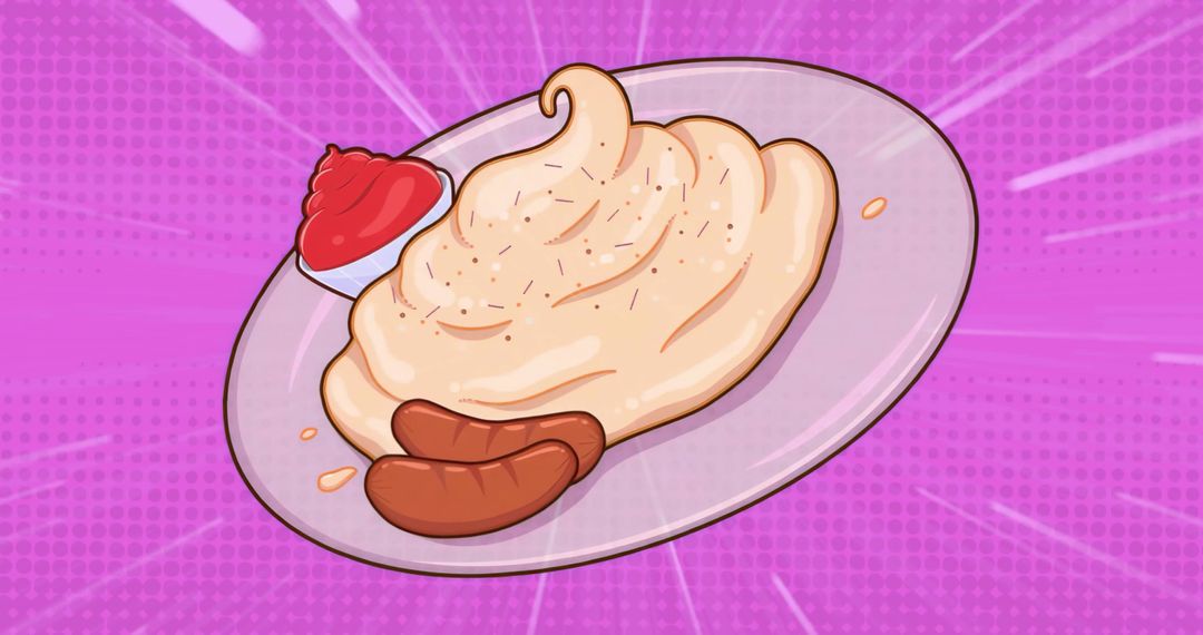 Pop Art Styled Sausages and Mashed Potatoes on Pink Backdrop