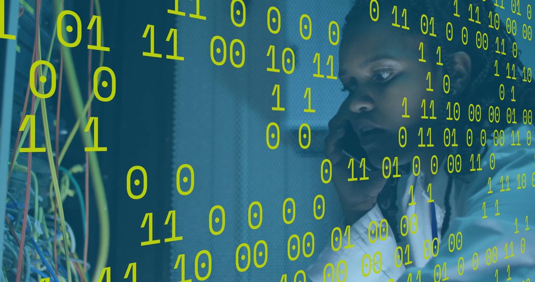 Technician Reviewing Network Cables with Binary Code Overlay