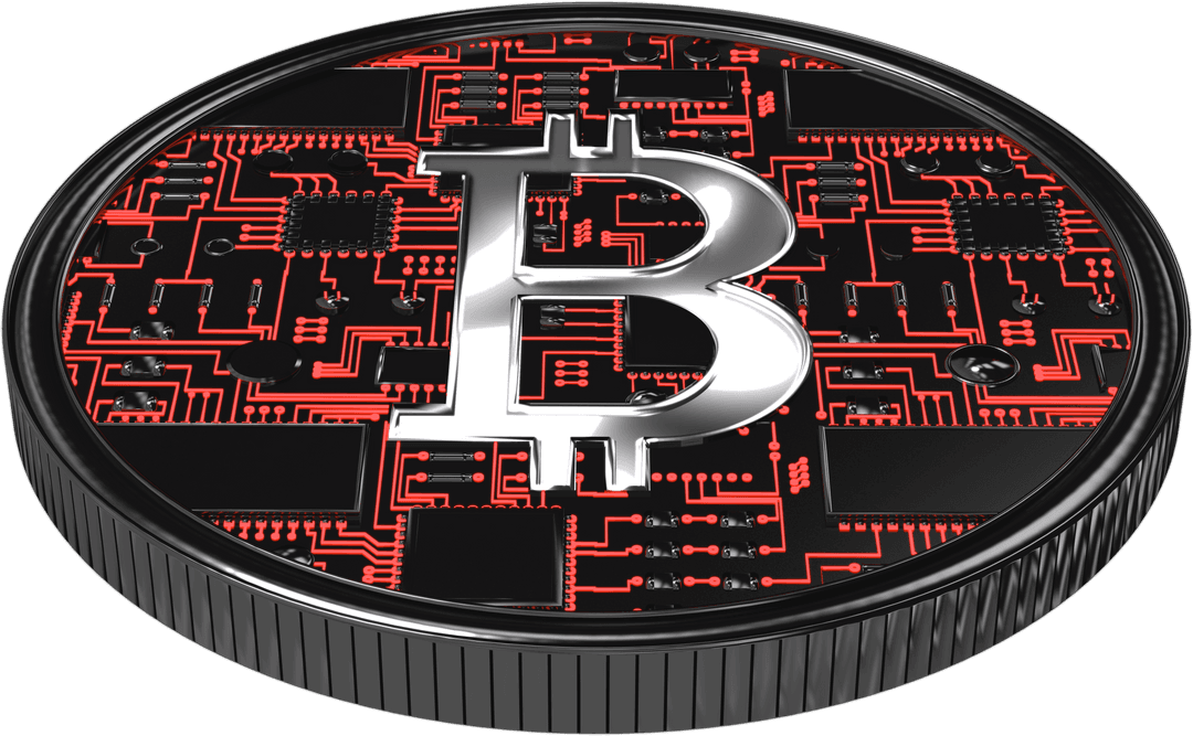 Black Bitcoin Coin with Red Circuit Border on Transparent Background