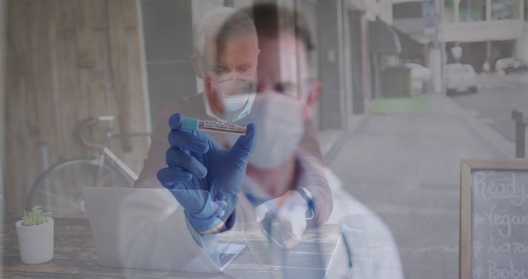 Health Worker Showing Vaccine Over Senior in Mask Collage