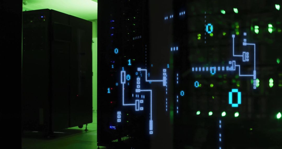 Data Center Server Towers with Illuminated Green Lights Signifying Network Activity