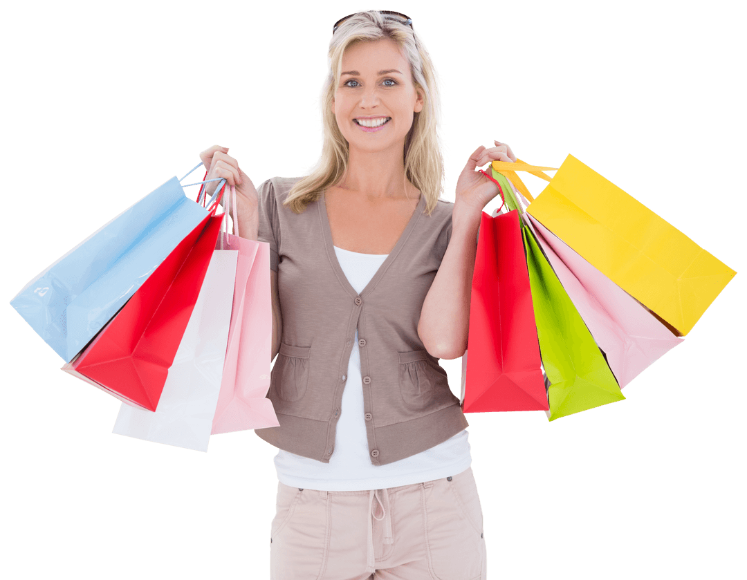 Joyful Woman with Colorful Shopping Bags on Transparent Background