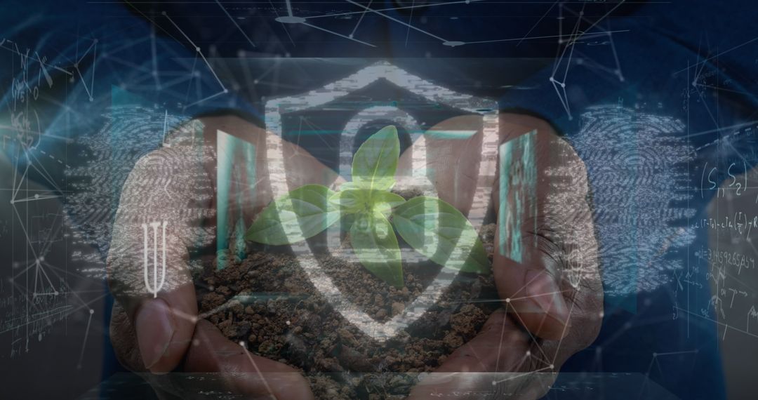 Hands Holding Seedling Protected by Digital Shield Icon