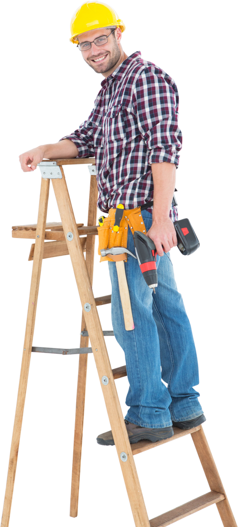 Transparent worker climbing ladder holding power drill smiling professional labor - Download Free Stock Images Pikwizard.com