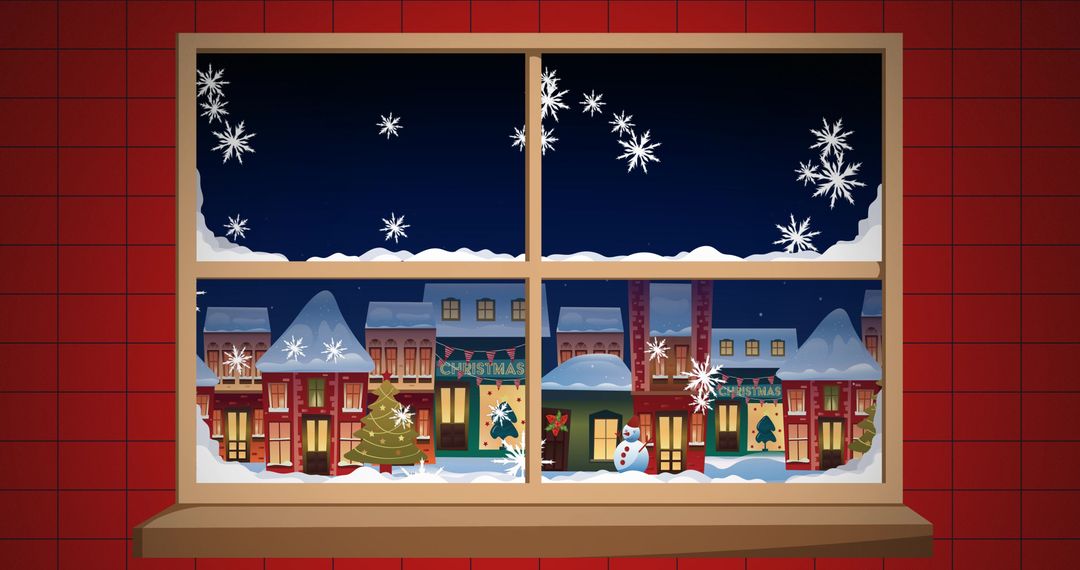 Christmas Town View Through Snowy Window with Falling Winter Snowflakes
