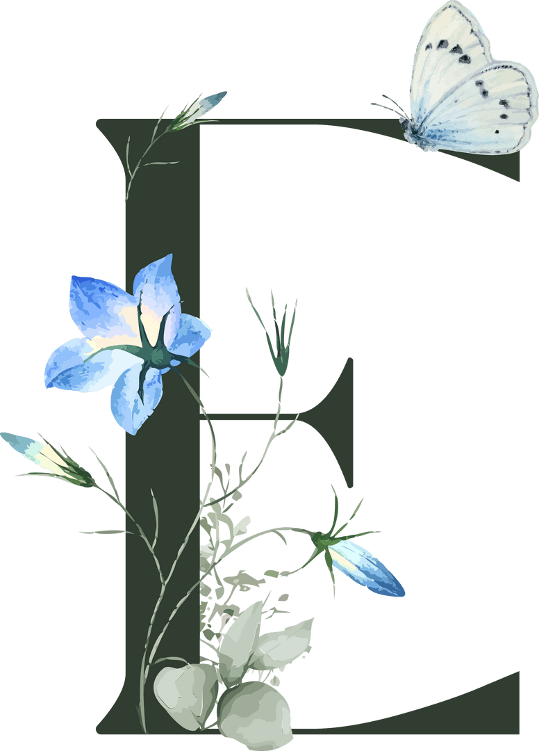 Elegant Floral Typography Letter E with Blue Flowers and Butterfly